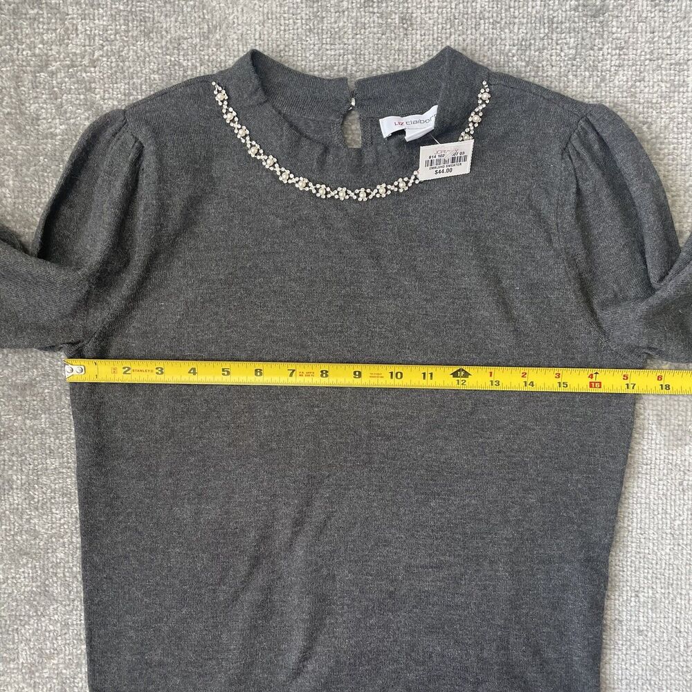 Liz Claiborne Sweater Womens XS Grey Crystal Pearl Detail Soft Knit Top NEW - Picture 7 of 9